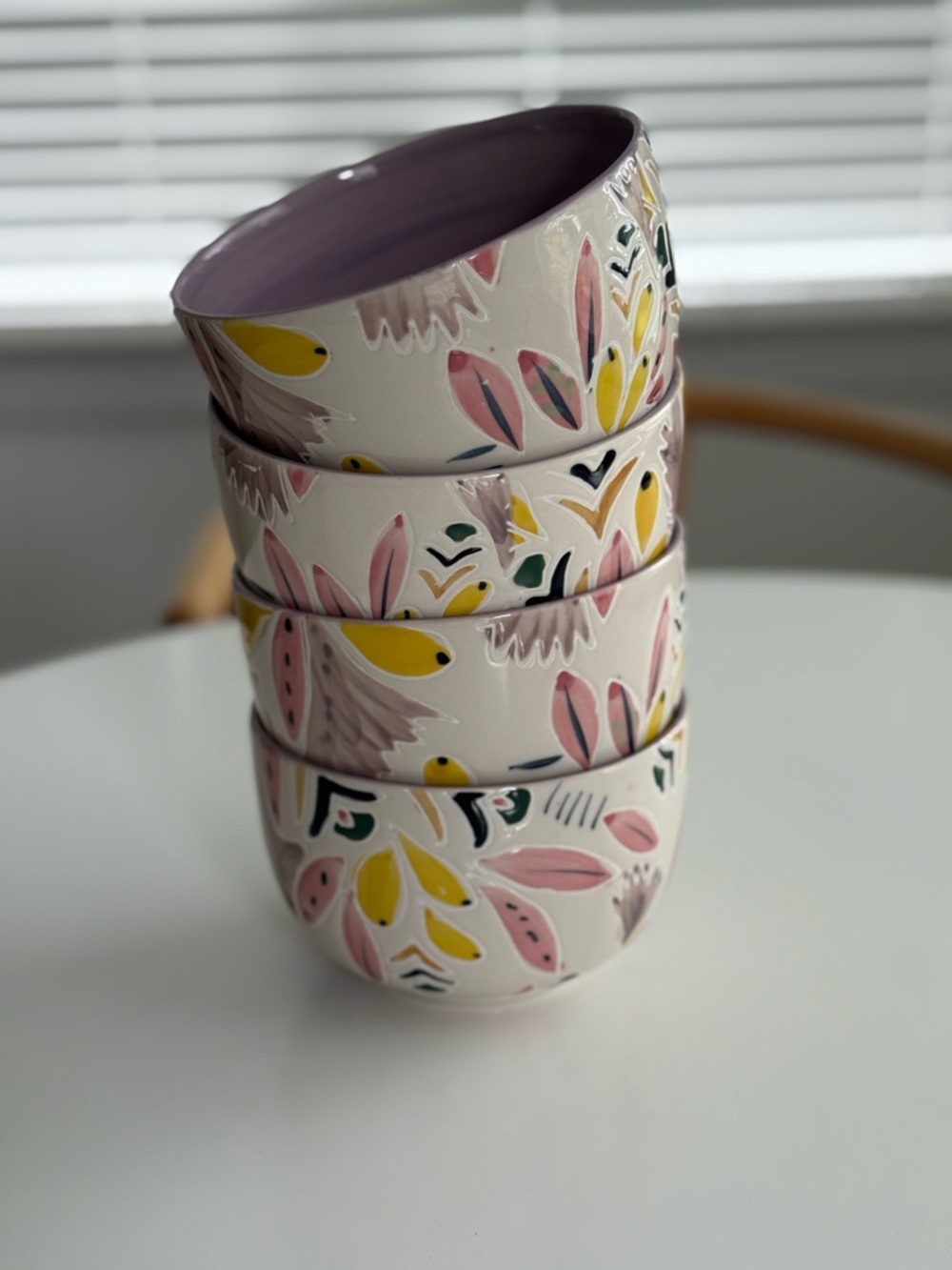 Anthropologie set of Four Ceramic Bowls with Pink & Yellow Floral Pattern